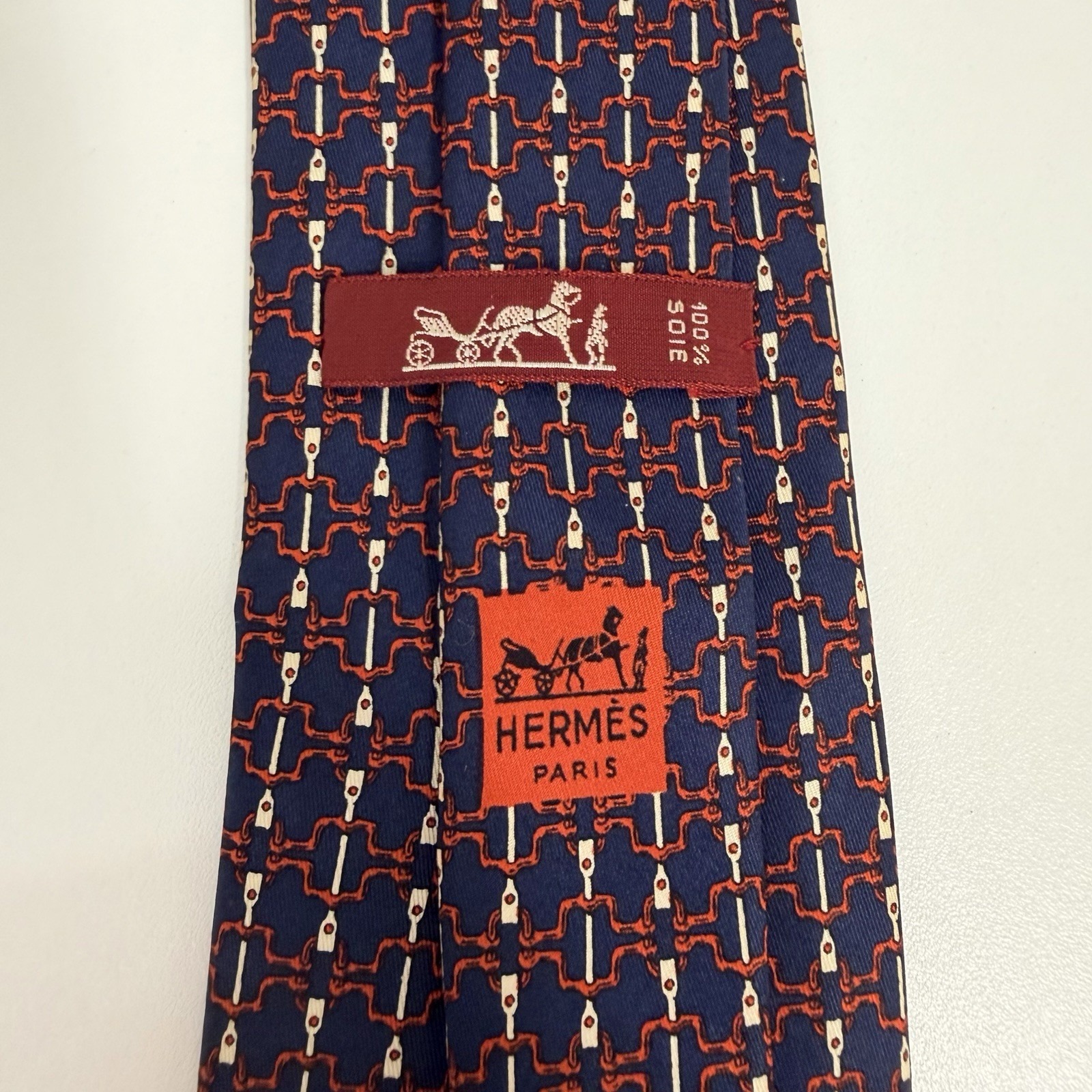 Hermes Men's Tie Chain Links Navy/Red/Khaki Silk 703 Oa 3 1/8" (W) X 55" (L) Euc